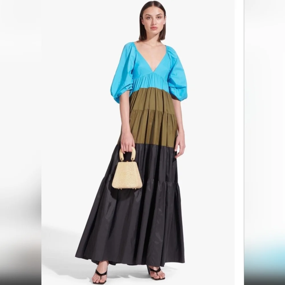 STAUD Meadow Color Block Puff Sleeve Tiered Maxi Dress Blue Black Olive Runway - Picture 4 of 13